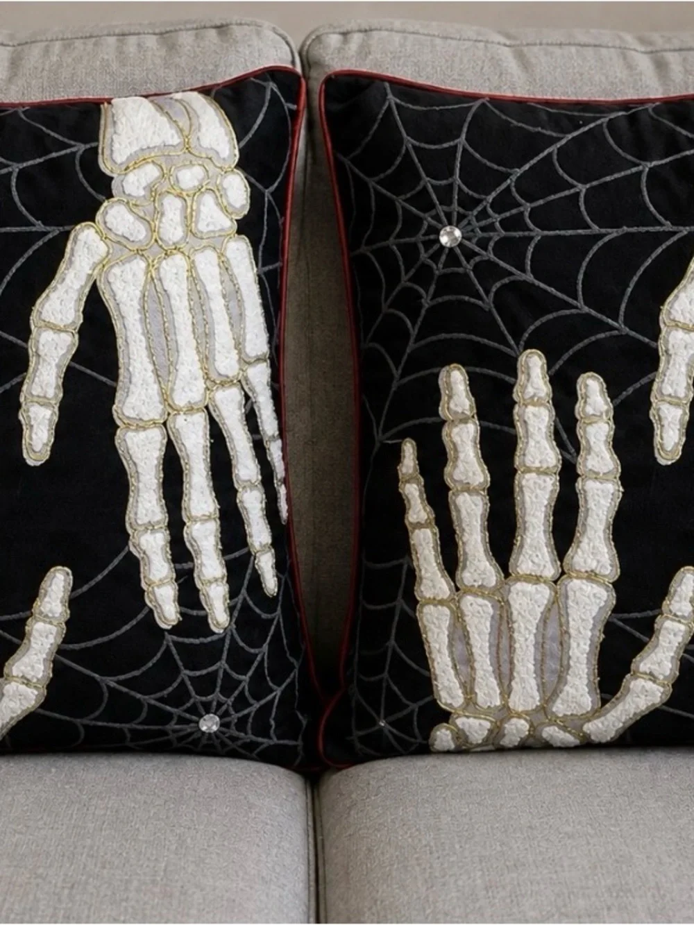 Set of 2 Black Halloween Skeleton Hand Decorative Pillow Set with Gold Accents